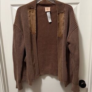 Women's Open-Front Ribbed Brown Cardigan with Suede looking Trim